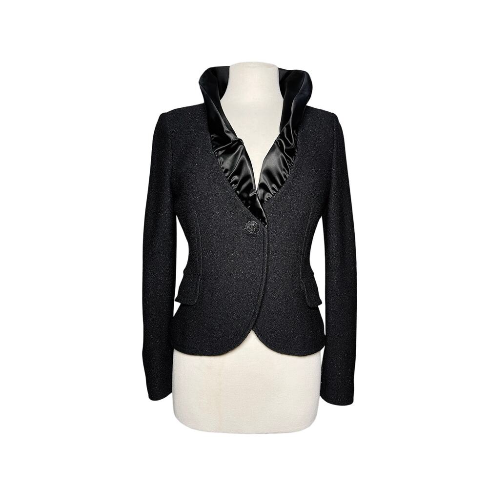 ST. JOHN Women’s Black Metallic Tweed Satin Ruffle Collar Blazer